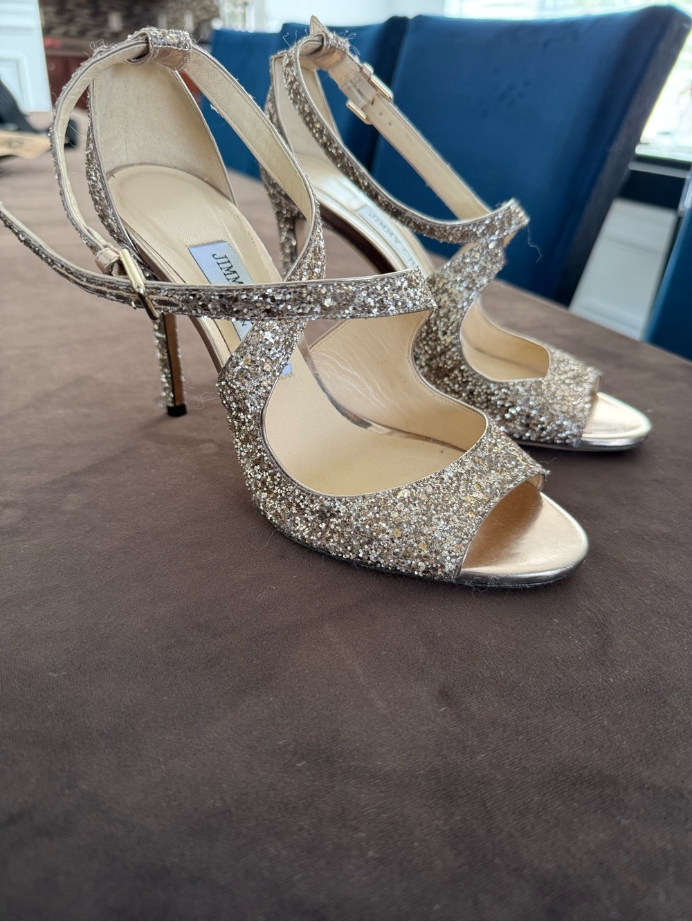Jimmy Choo Gold Glitter Open-Toe Strappy Heels